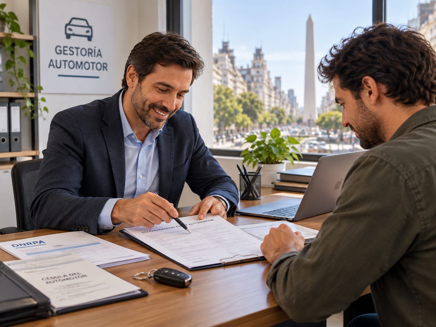 Gestor automotor asesorando a un comprador con la documentación de transferencia