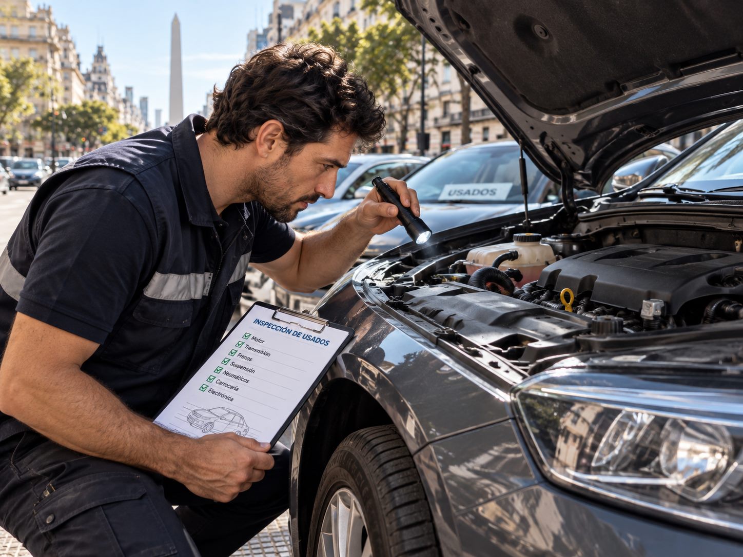 Mecánico revisando el motor de un auto usado con una checklist de inspección